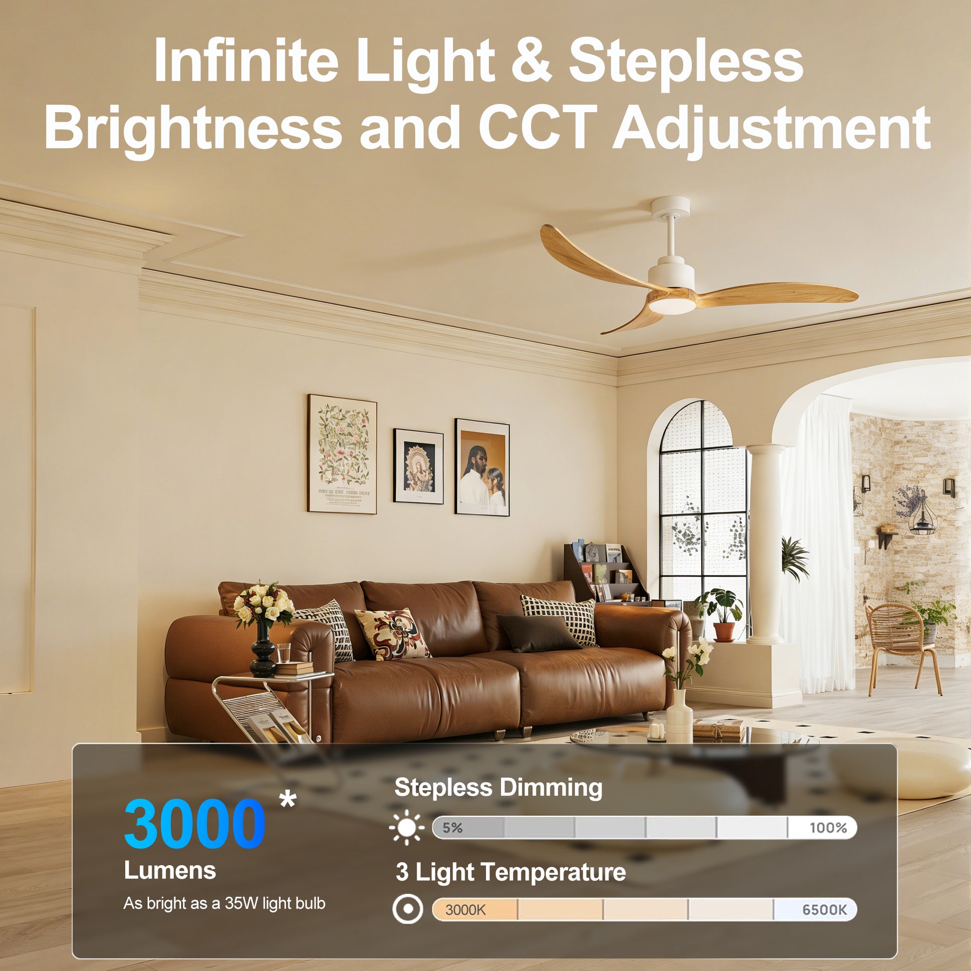 52" White & Natural Wood Ceiling Fan with Dimmable LED - view 13