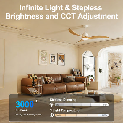 52" White & Natural Wood Ceiling Fan with Dimmable LED - view 13