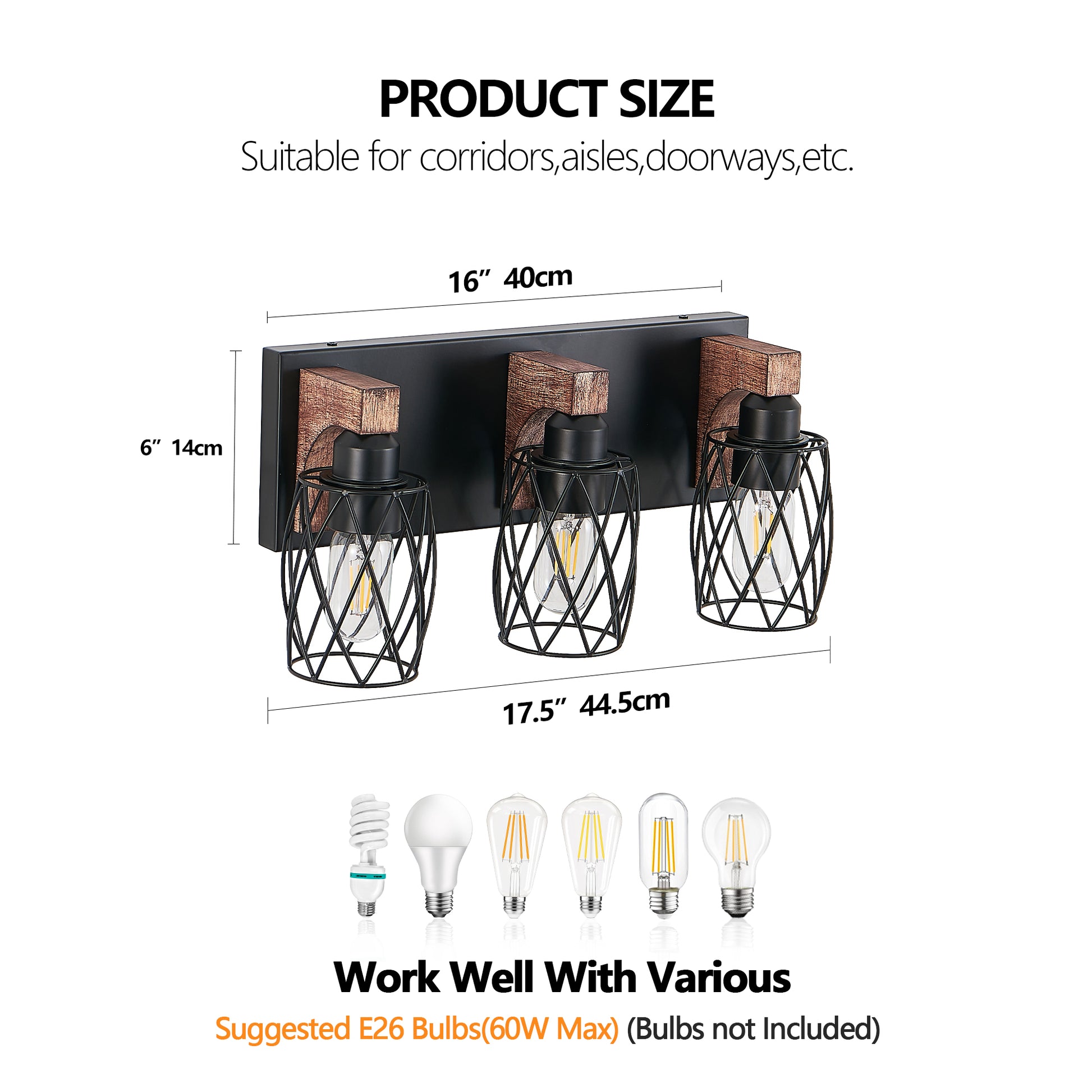 18" 3-Light Black Caged Wall Light with Wood Accents - view 9