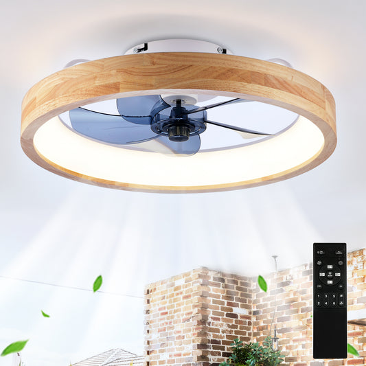 20" Wood & White Flush Mount Ceiling Fan with Dimmable LED - view 2