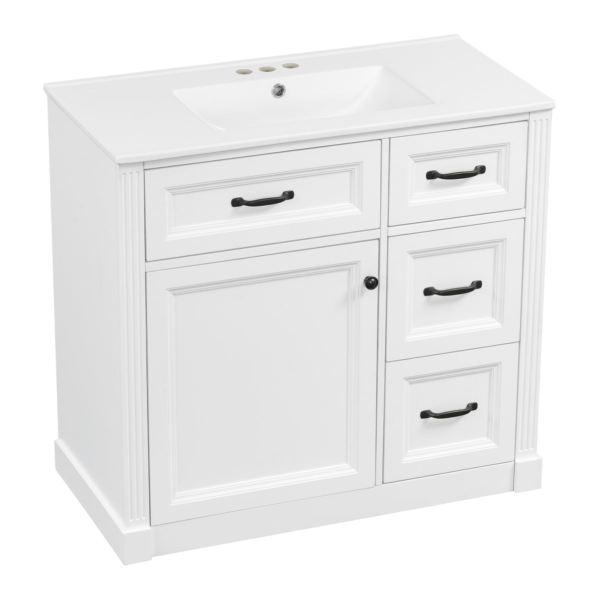 36" White Bathroom Vanity with Sink, 4 Drawers & Black Knobs