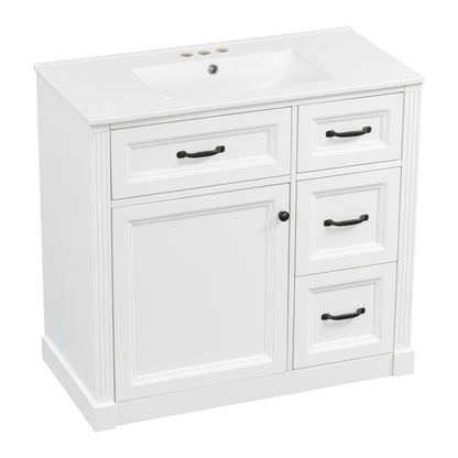 36" White Bathroom Vanity with Sink, 4 Drawers & Black Knobs