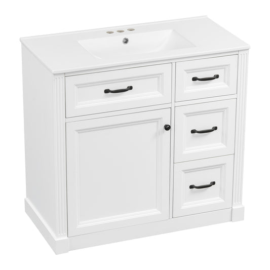 36" White Bathroom Vanity with Sink, 4 Drawers & Black Knobs