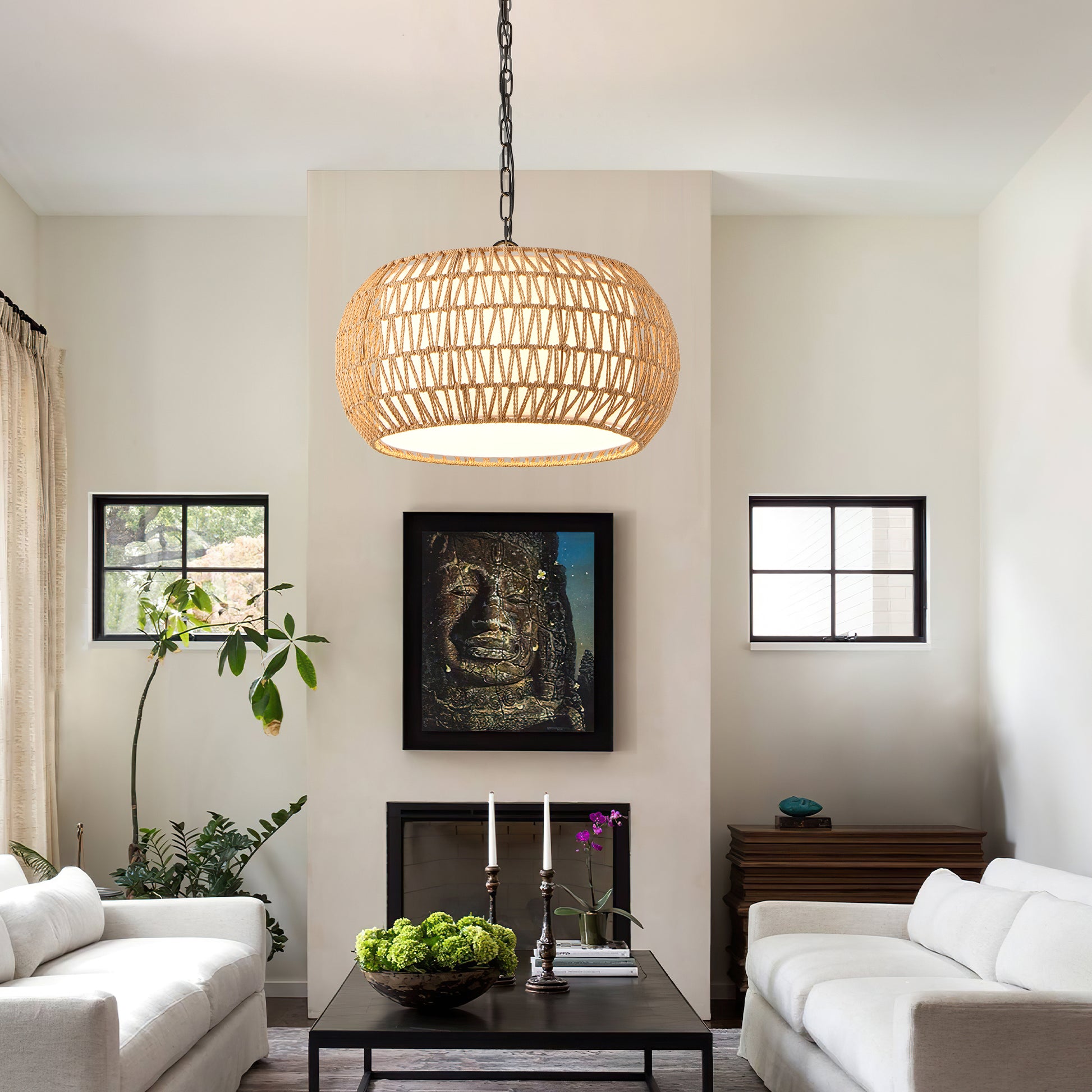 18" White Boho Woven Jute Rope Pendant Light - view 3