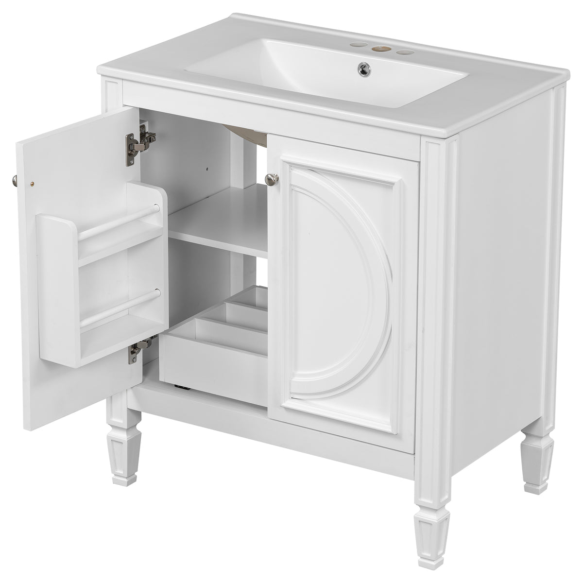 30" White Bathroom Vanity with Sink, Oval Panel Doors & Drawer