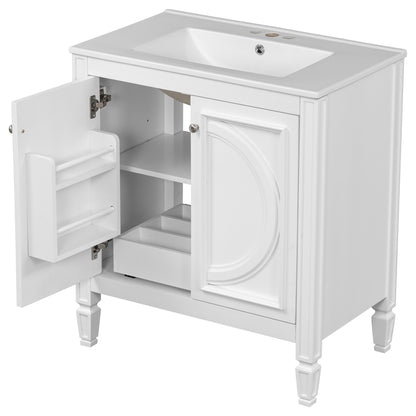 30" White Bathroom Vanity with Sink, Oval Panel Doors & Drawer