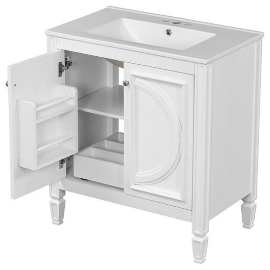 30" White Bathroom Vanity with Sink, Oval Panel Doors & Drawer