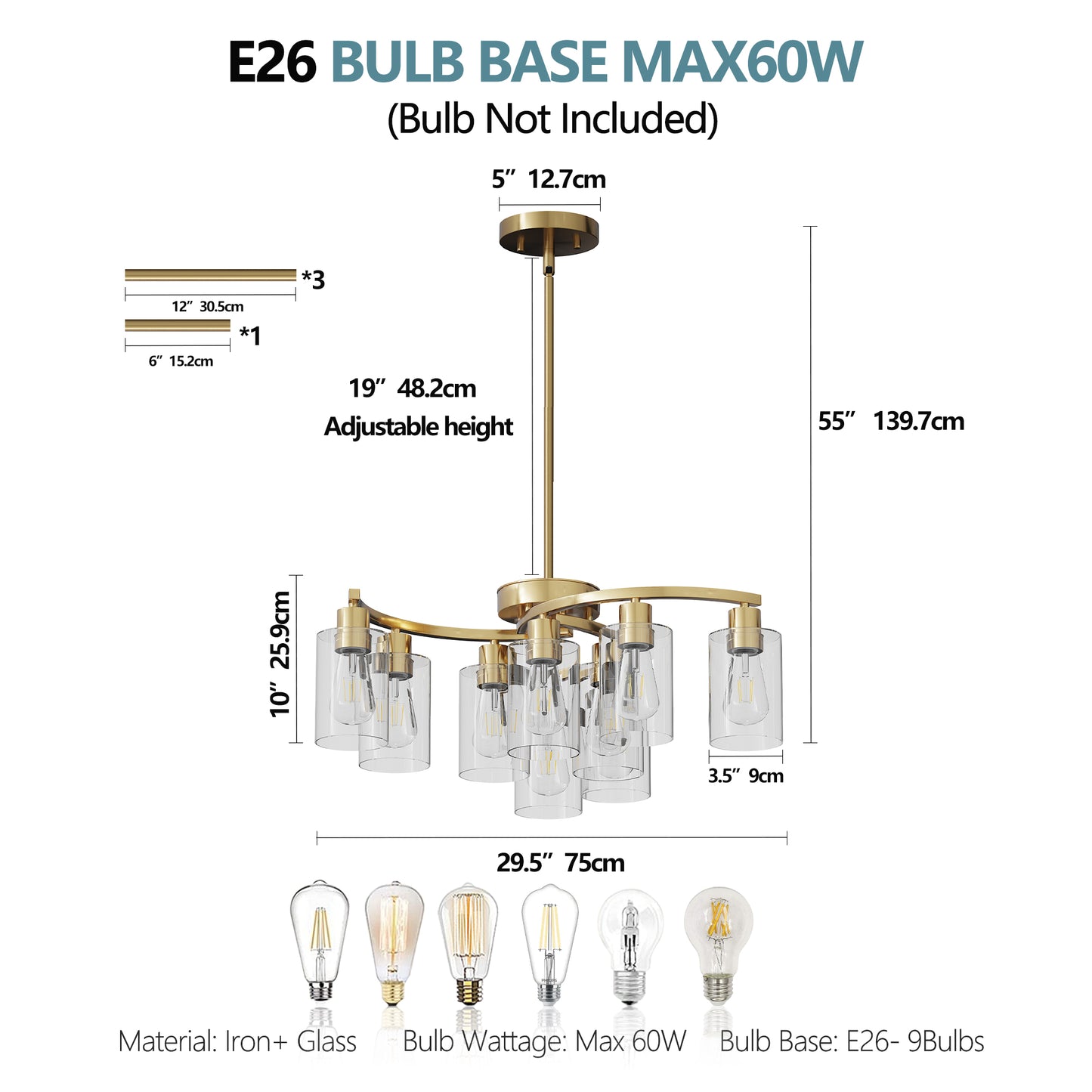 9-Light Gold Chandelier with Clear Glass Shades - view 7