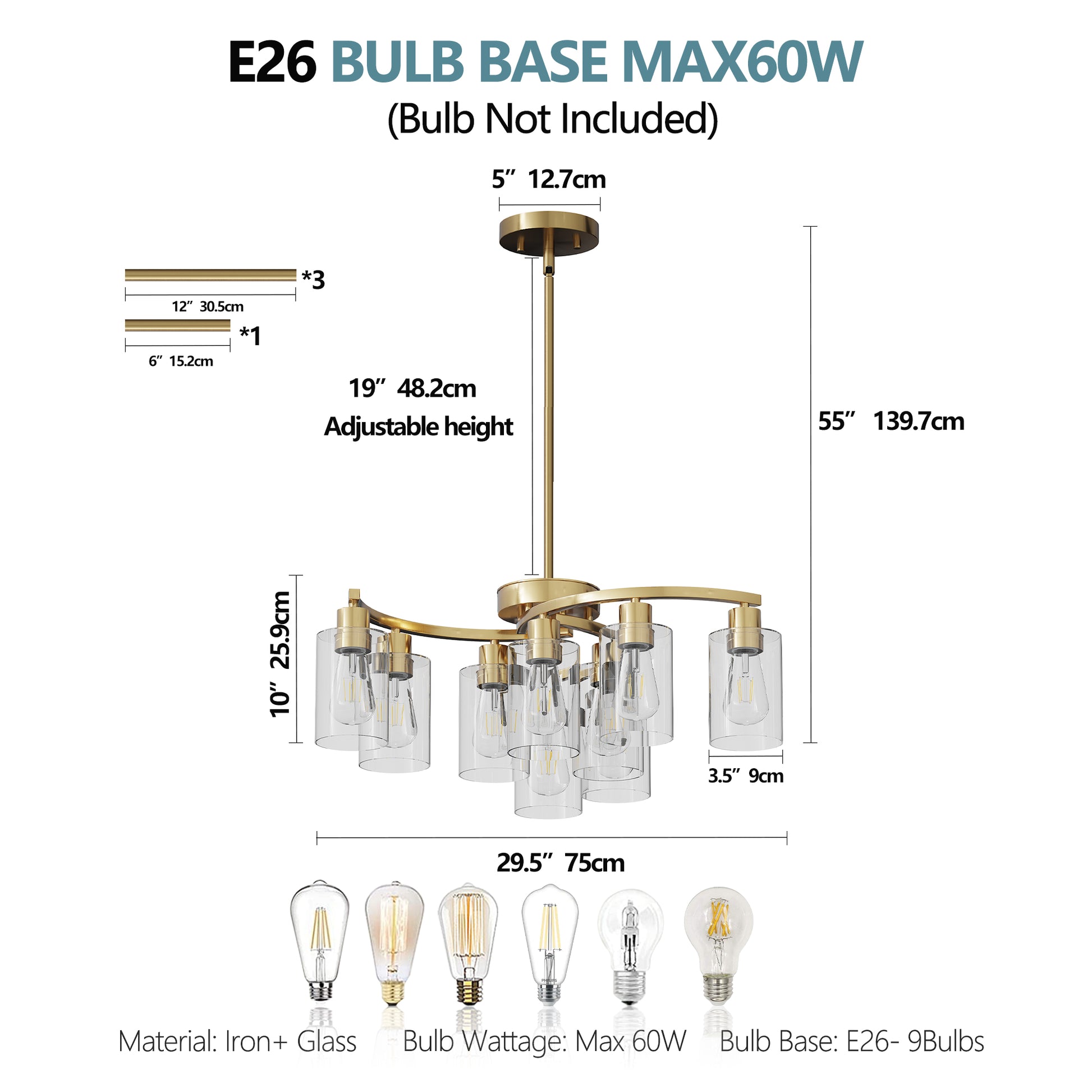 9-Light Gold Chandelier with Clear Glass Shades - view 7