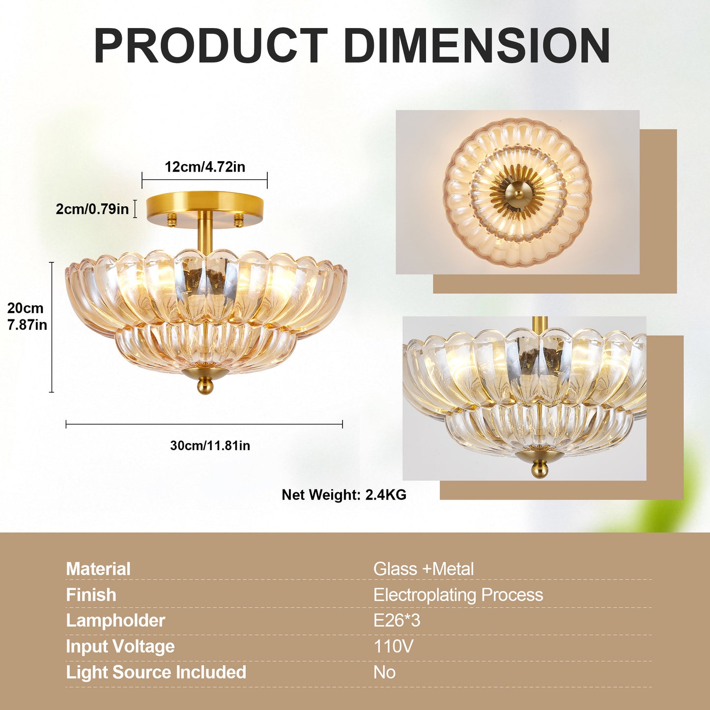 11.8" 3-Light Amber Flower Glass Semi Flush Ceiling Light - view 7