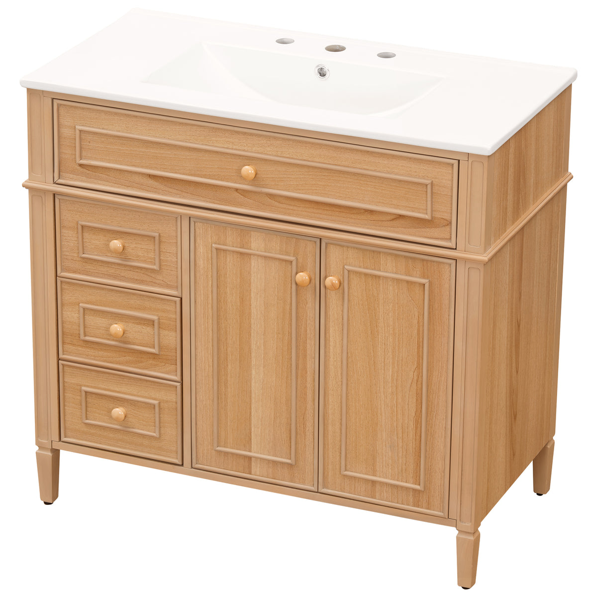 36" Natural Wood Bathroom Vanity with Sink, 2 Doors & 3 Drawers