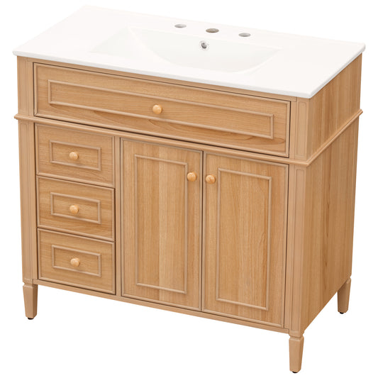 36" Natural Wood Bathroom Vanity with Sink, 2 Doors & 3 Drawers