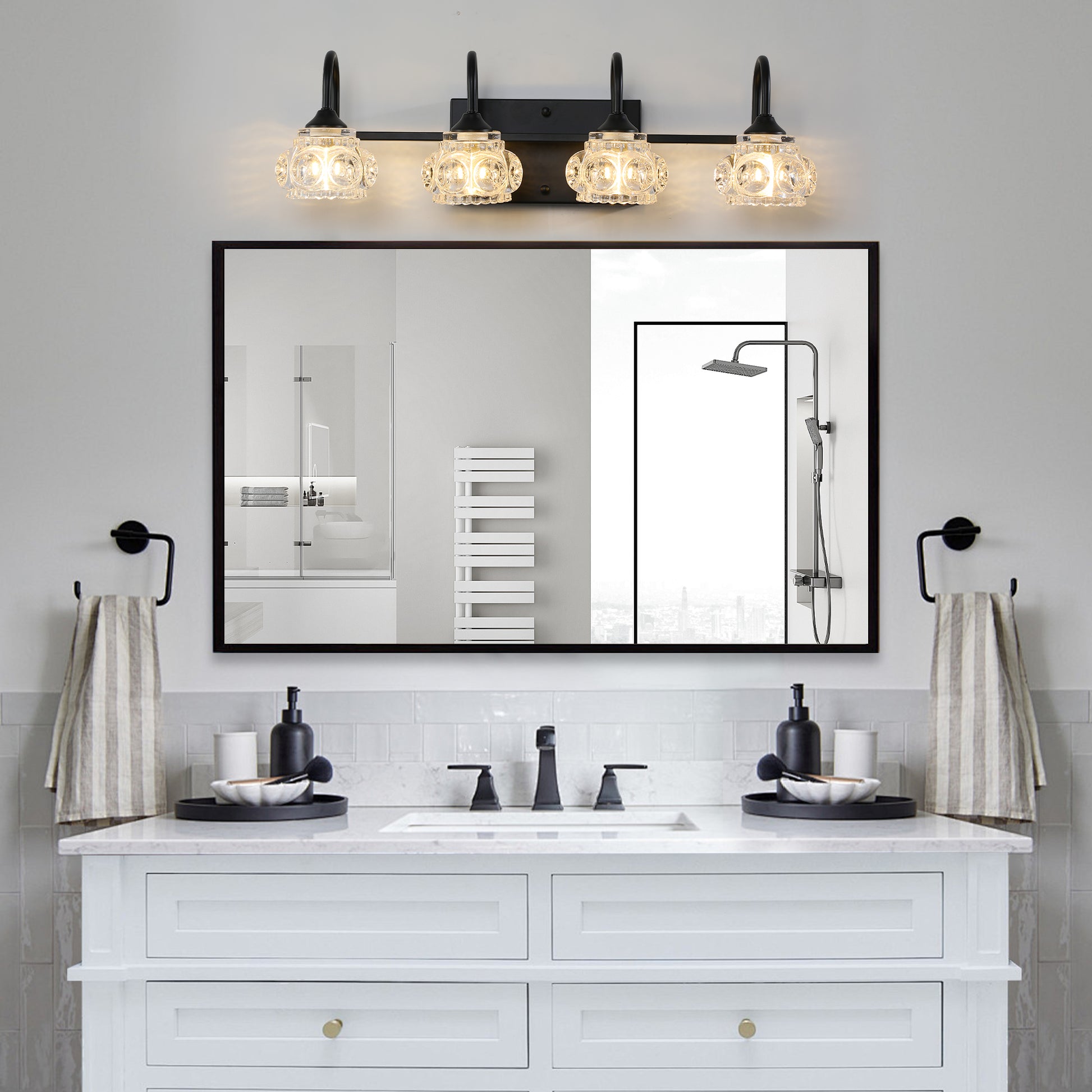 23" 4-Light Retro Black Vanity Light with Crystal Glass