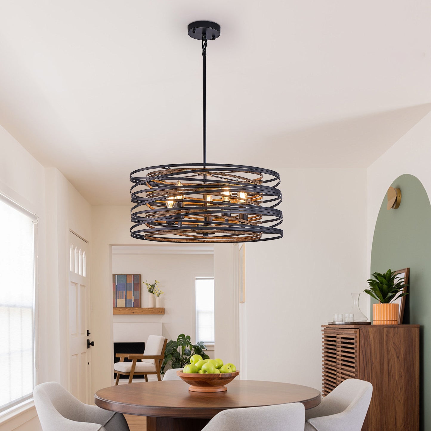 20" 5-Light Black and Walnut Industrial Cage Chandelier