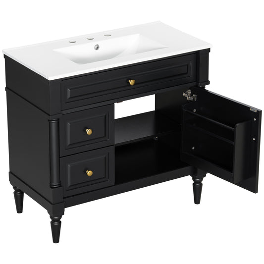 36" Black Bathroom Vanity with Sink, 3 Drawers & Turned Legs