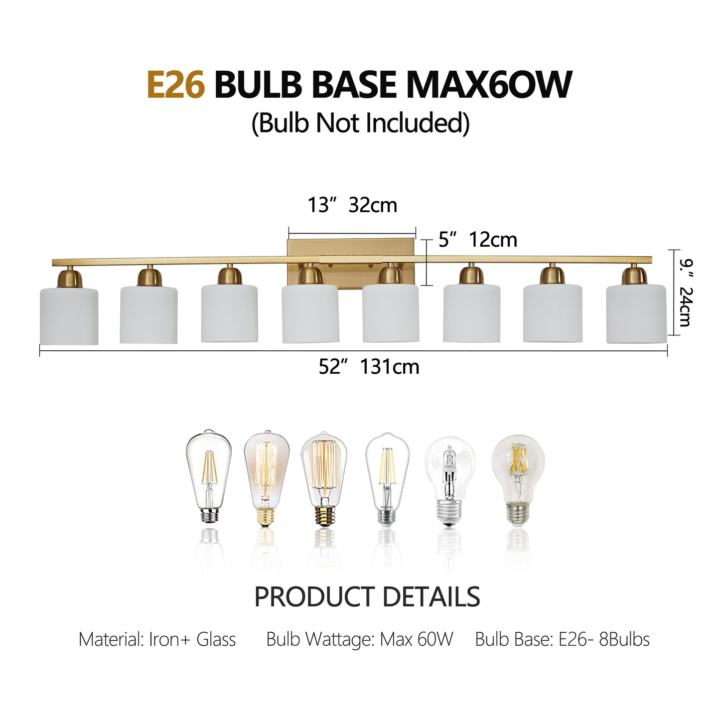 52" Gold Vanity Wall Light with White Glass Shade - view 7