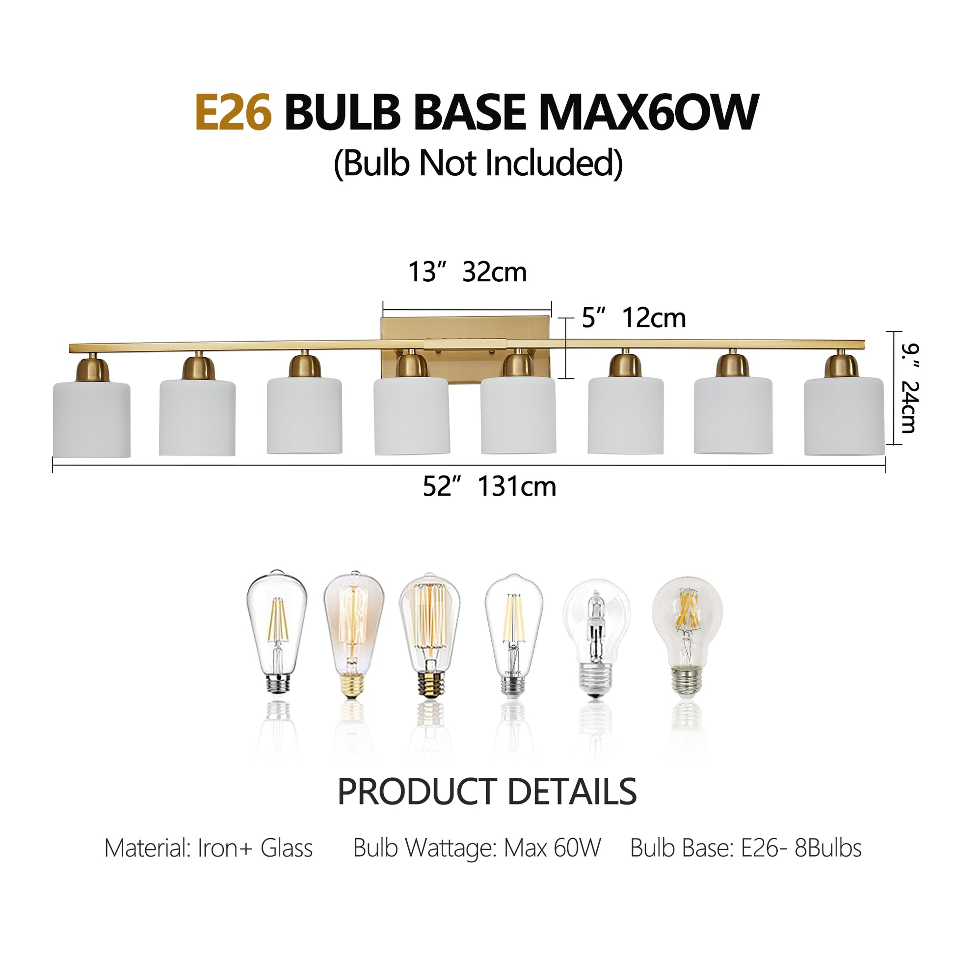 52" Gold Vanity Wall Light with White Glass Shade - view 7