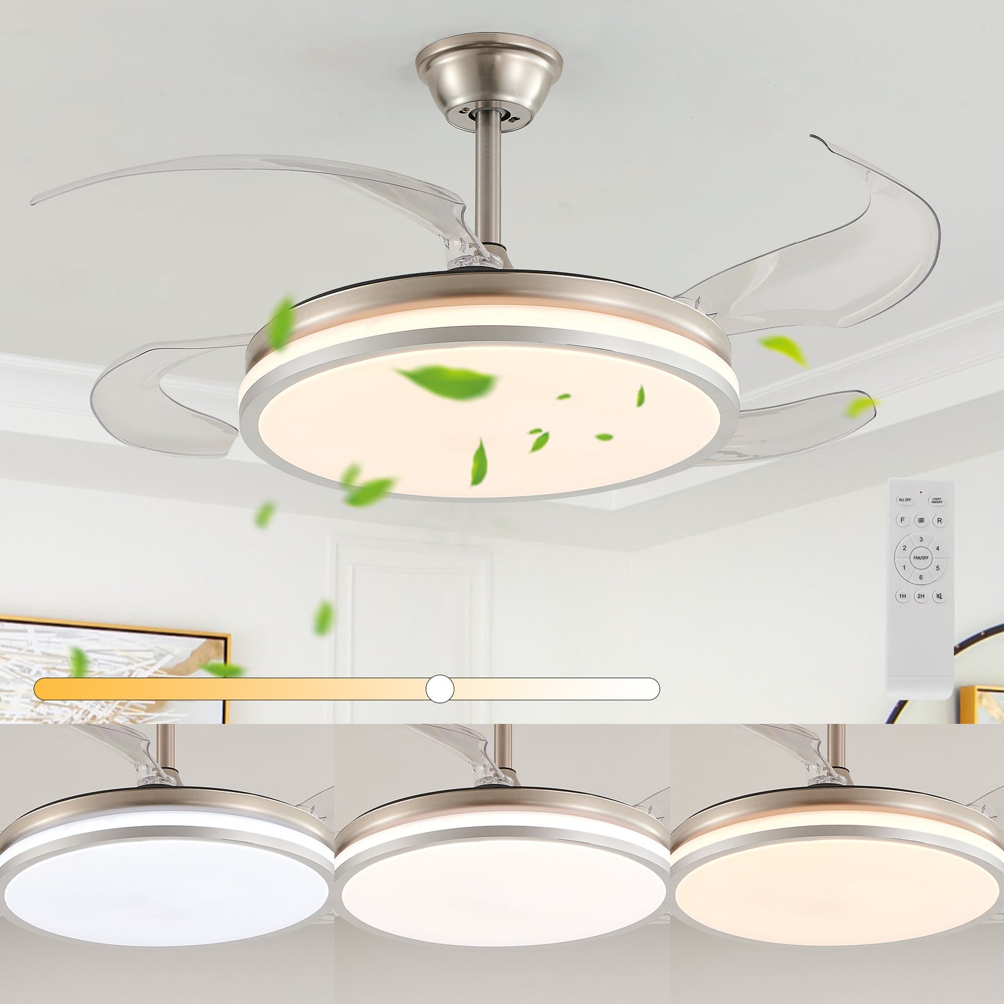 42" Chrome Retractable Blade Ceiling Fan with LED Light