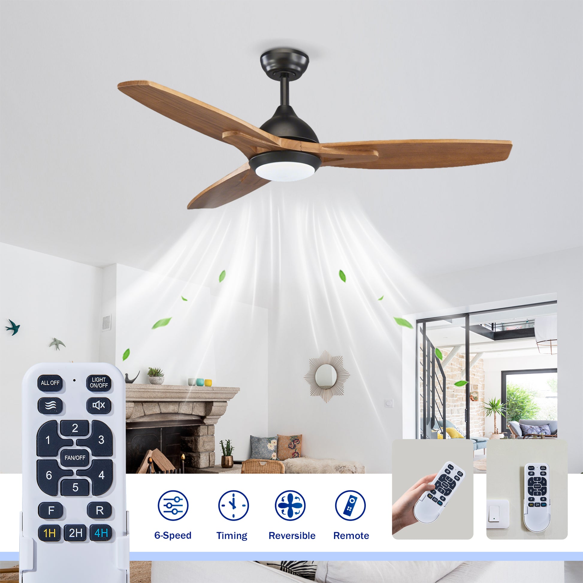 52" Matte Black & Wood Ceiling Fan with Light - view 12