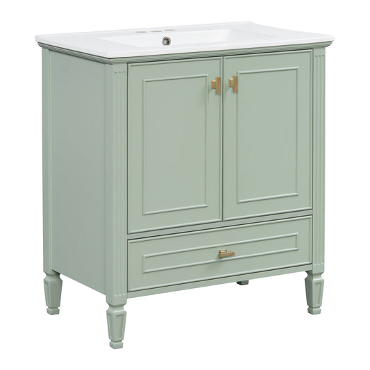 30" Green Bathroom Vanity with Sink, 2 Doors & Gold Knobs