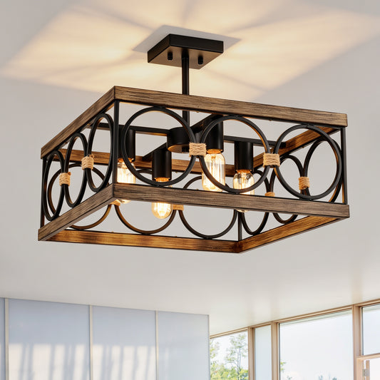 4-Light Wood & Black Farmhouse Flush Mount Ceiling Light - view 2