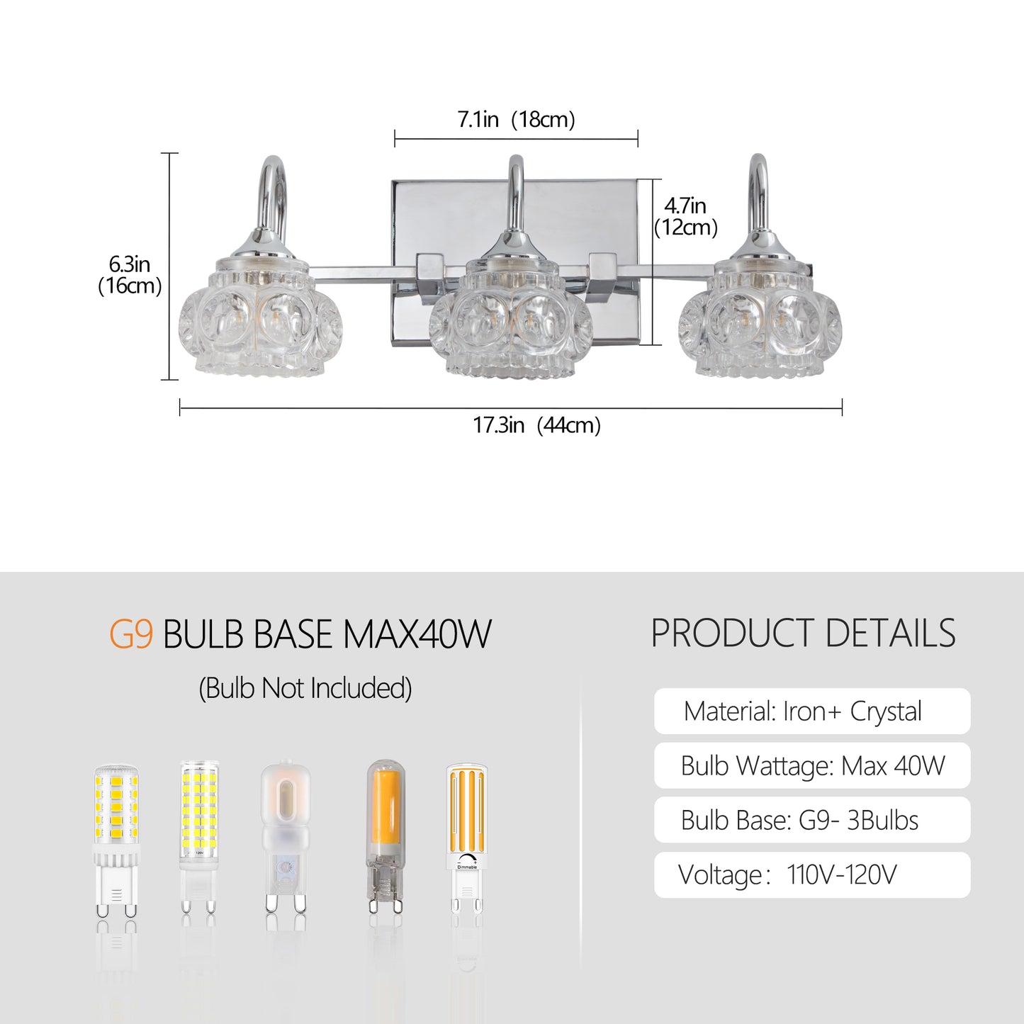 17" 3-Light Nickel Vintage Crystal Vanity Light - view 7