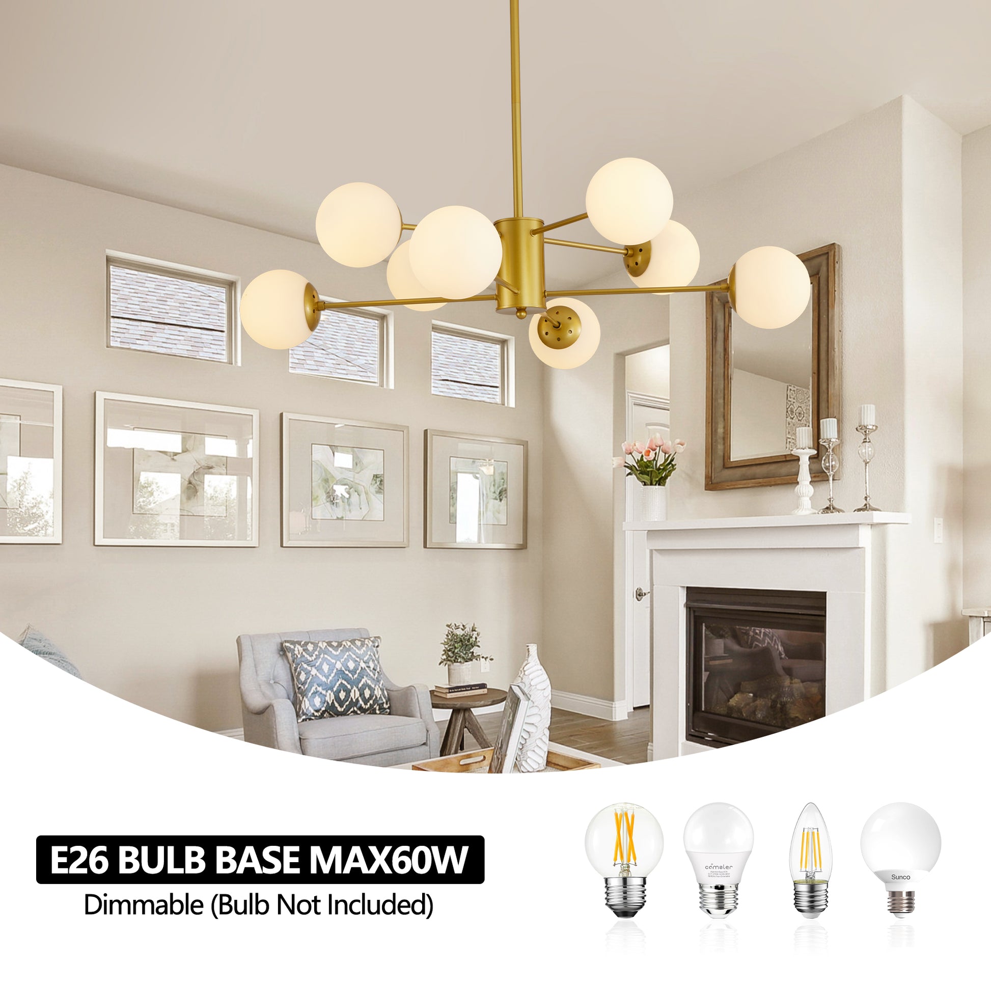 35" 8-Light Gold Mid-Century Chandelier with Glass Globes - view 7