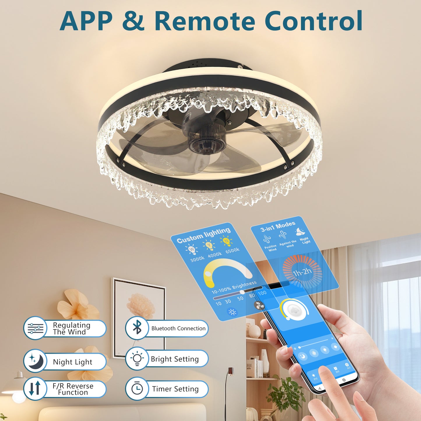 16" Black Crystal Ceiling Fan with Dimmable LED - view 7