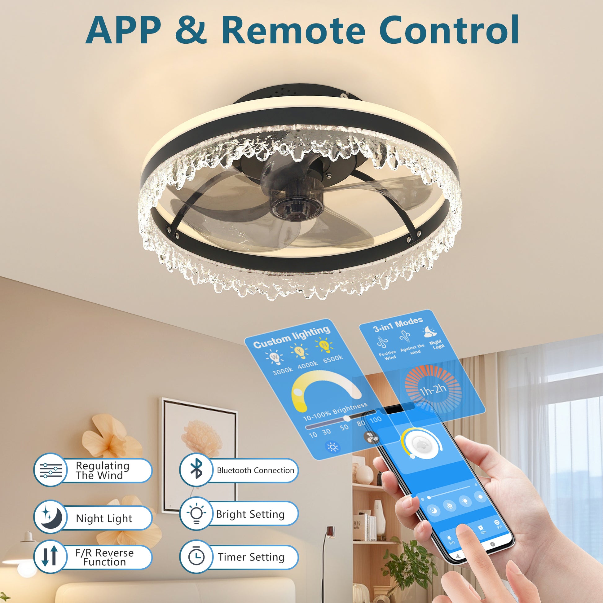 16" Black Crystal Ceiling Fan with Dimmable LED - view 7