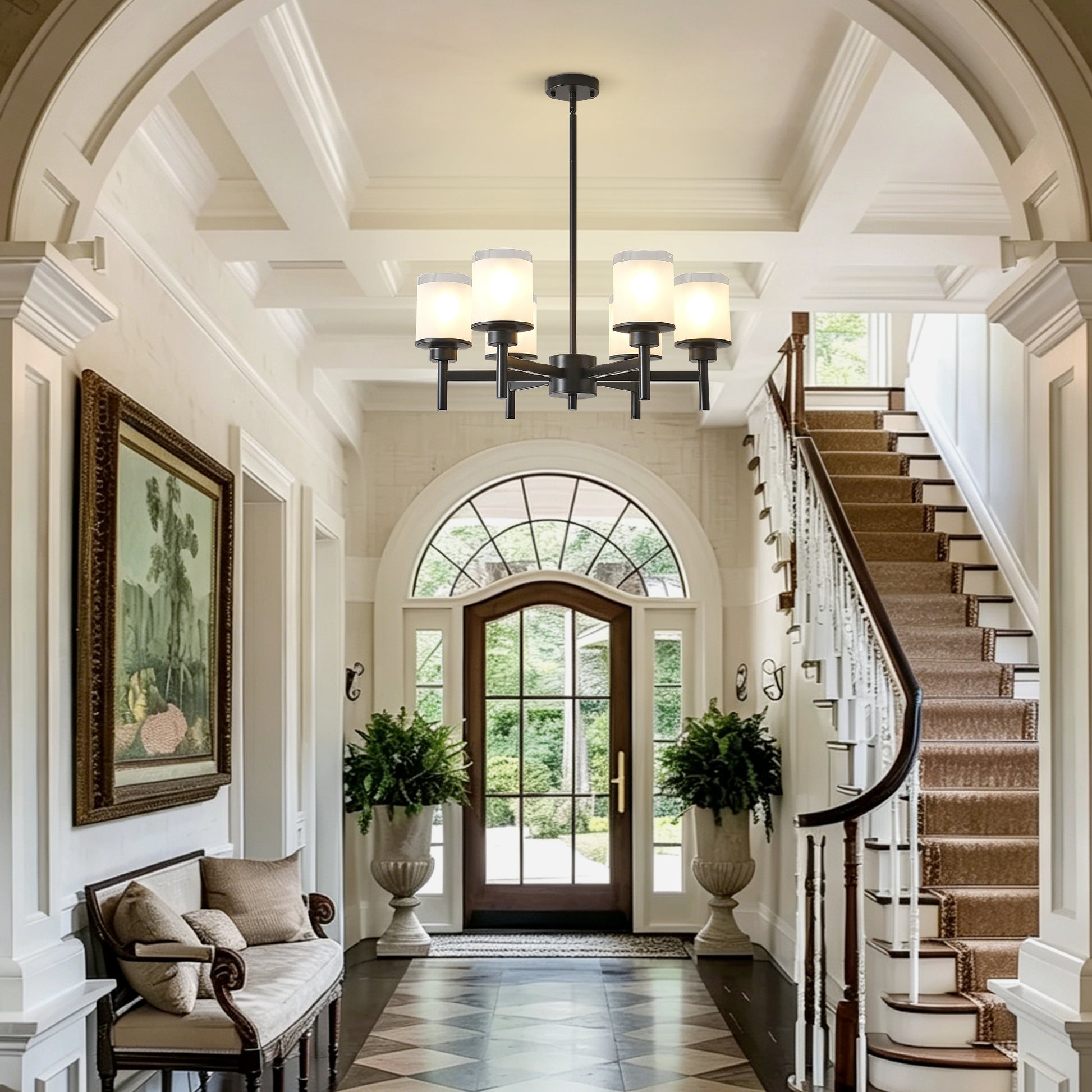 6-Light Black Farmhouse Chandelier with Frosted Glass - view 4