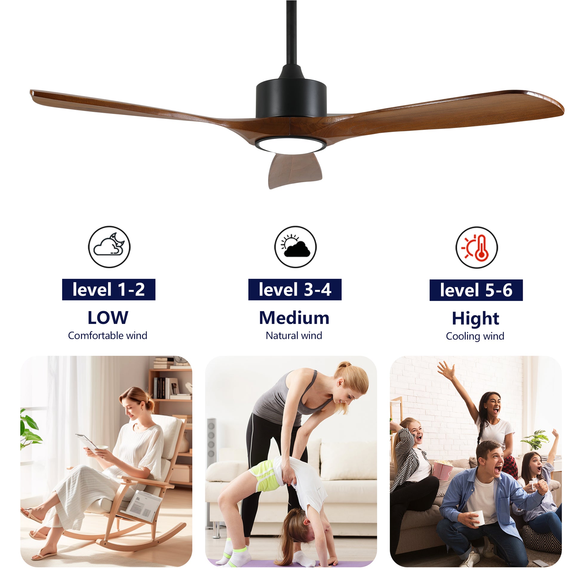 52" Matte Black Solid Wood Ceiling Fan with Dimmable LED - view 11