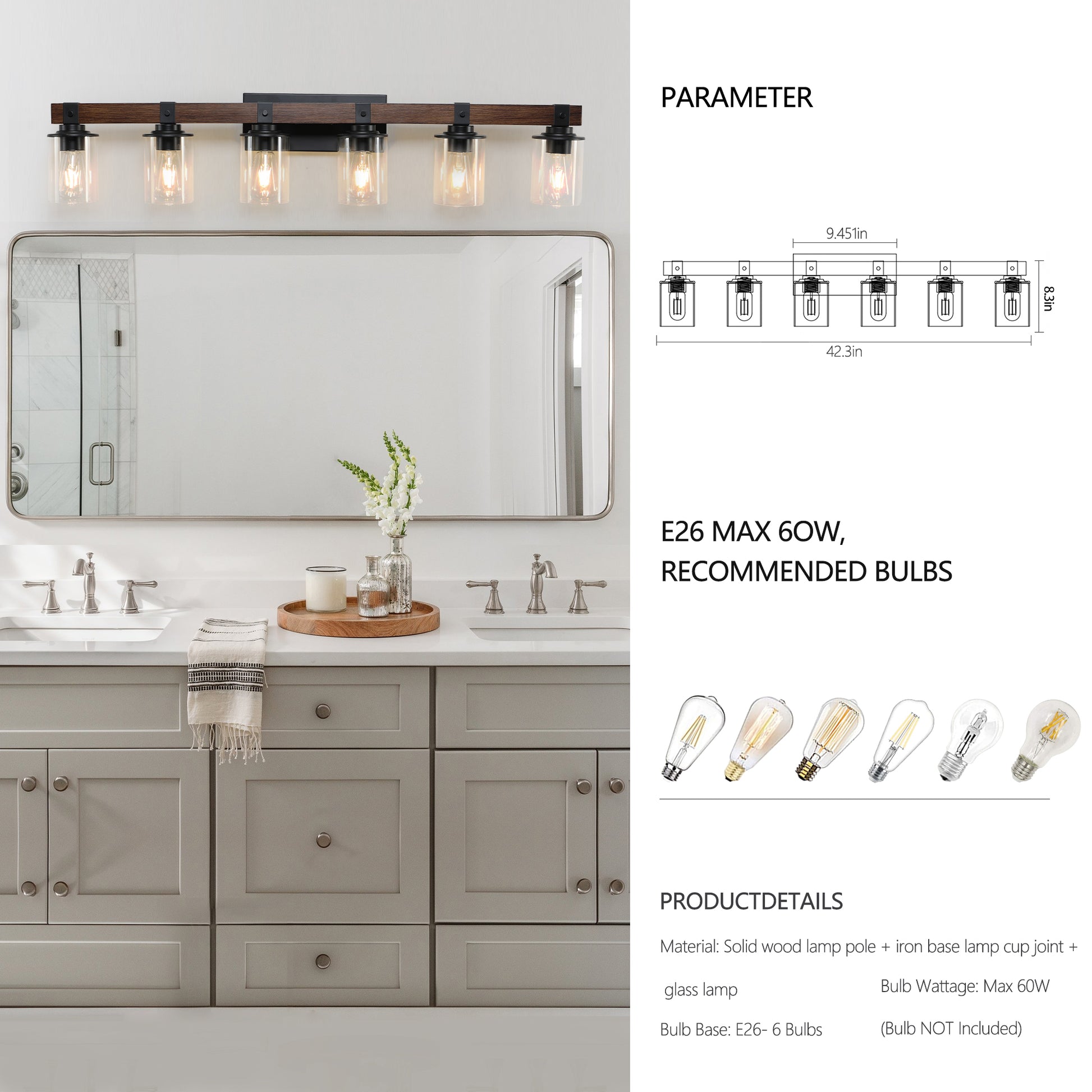 42" 6-Light Farmhouse Vanity Wall Light with Wood Accent - view 10
