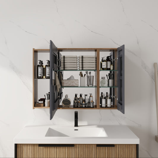 39" Oak Wall-Mounted Mirror Cabinet with Soft-Close Doors