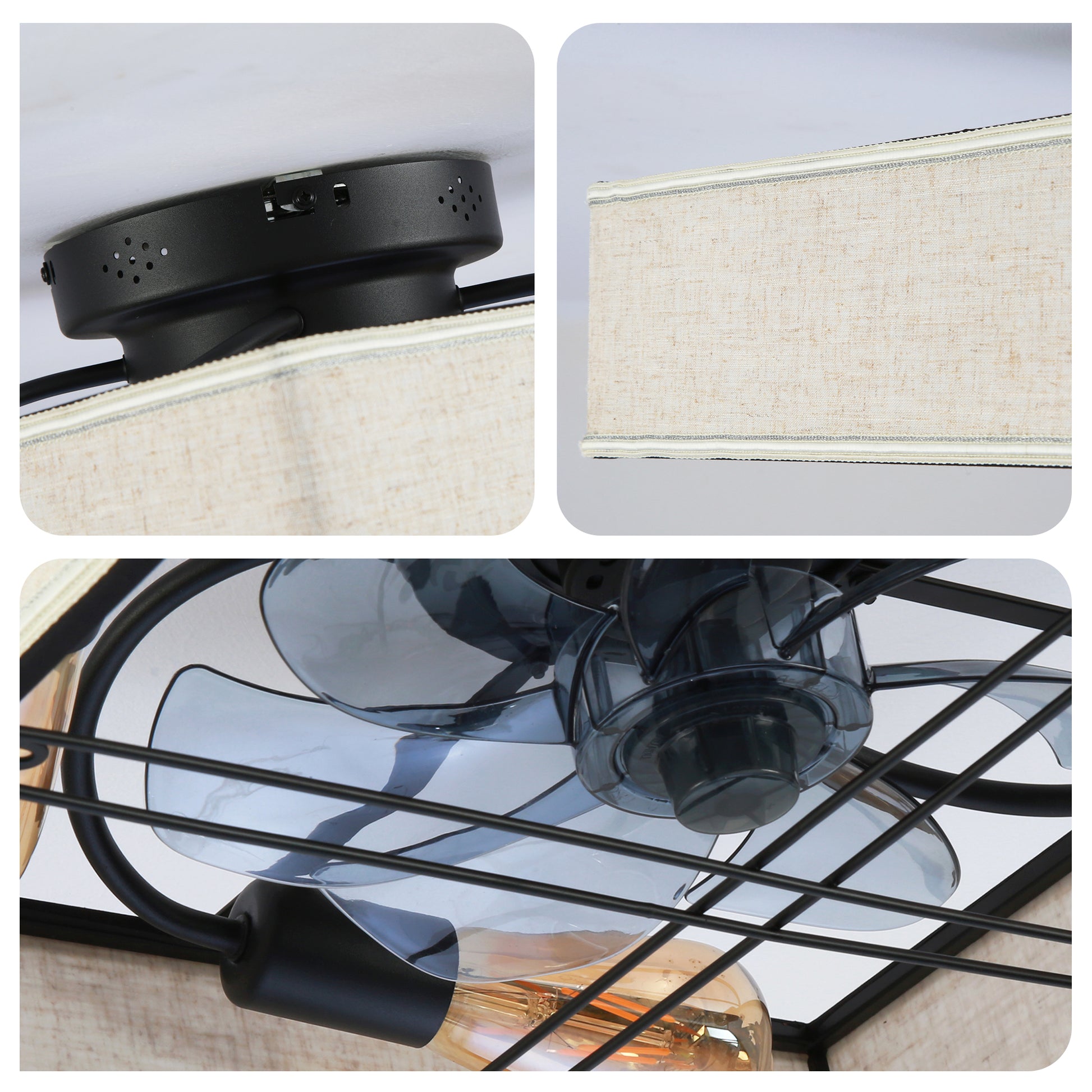 16.6" Square Fabric Farmhouse Flush Mount Ceiling Fan - view 16