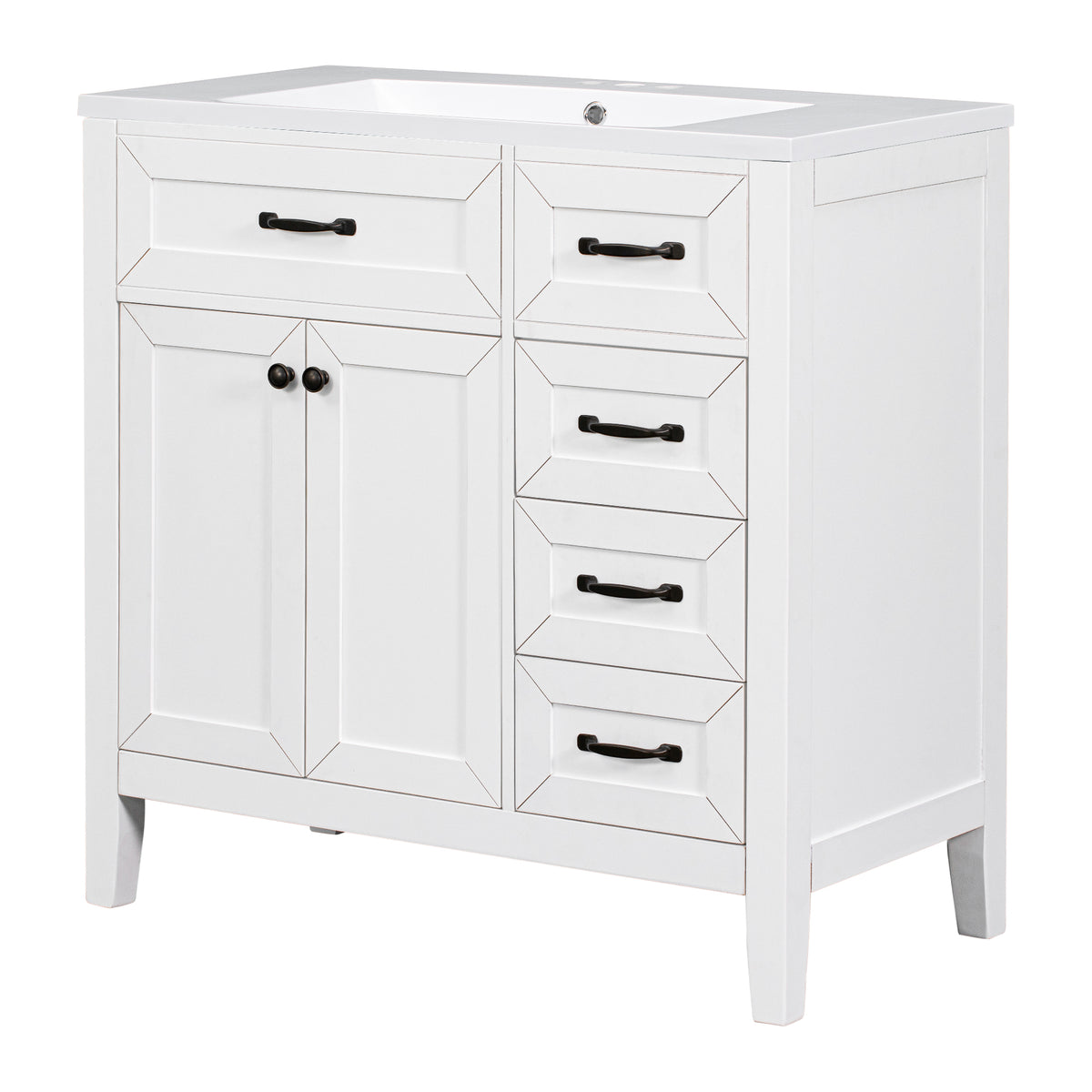 36" White Bathroom Vanity with Ceramic Sink, 2 Doors & 4 Drawers