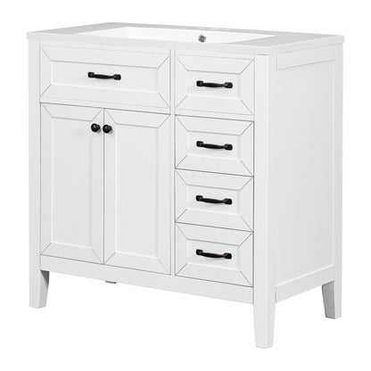 36" White Bathroom Vanity with Ceramic Sink, 2 Doors & 4 Drawers