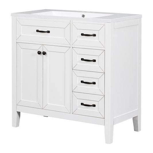 36" White Bathroom Vanity with Ceramic Sink, 2 Doors & 4 Drawers