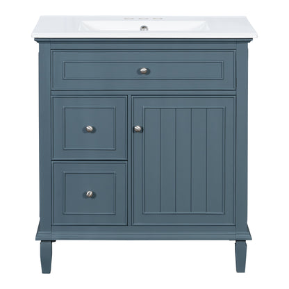 30" Blue Gray Bathroom Vanity with Sink, Flip Drawer & Shelf