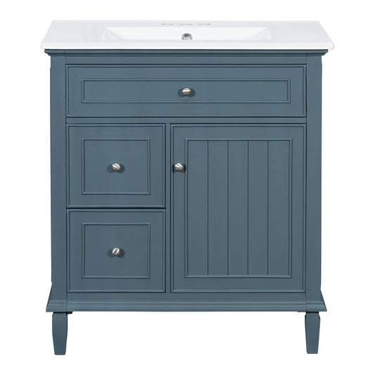 30" Blue Gray Bathroom Vanity with Sink, Flip Drawer & Shelf