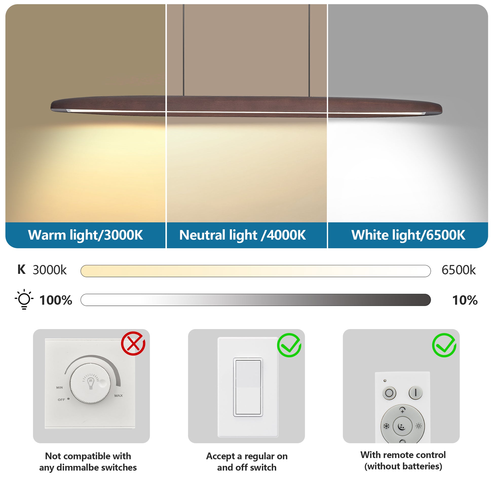 39" Walnut Wood LED Pendant Light with Remote - view 7
