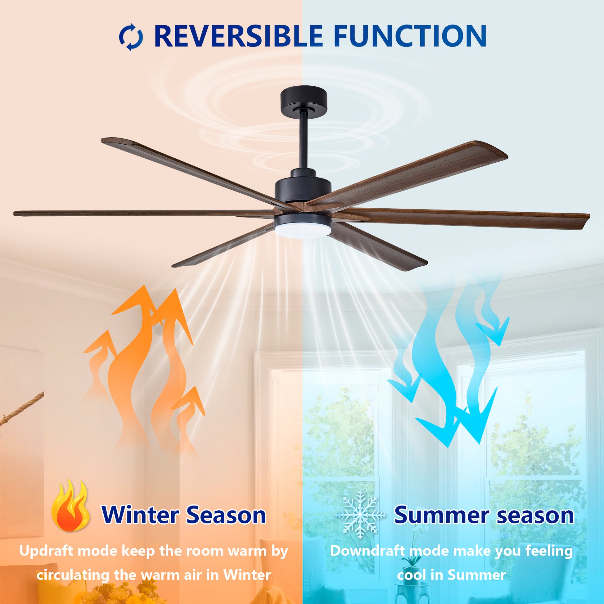 70" Matte Black & Walnut Solid Wood Ceiling Fan - view 11