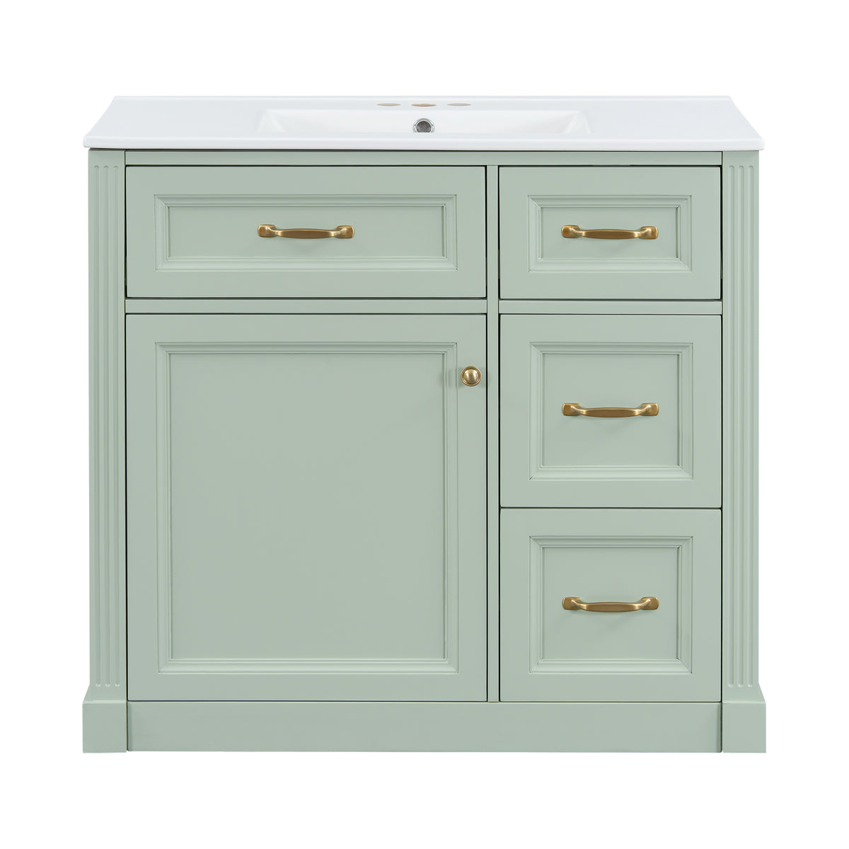 36" Green Bathroom Vanity with Sink, 4 Drawers & Black Knobs