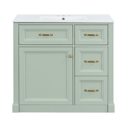36" Green Bathroom Vanity with Sink, 4 Drawers & Black Knobs