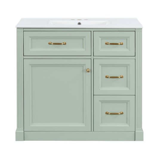 36" Green Bathroom Vanity with Sink, 4 Drawers & Black Knobs