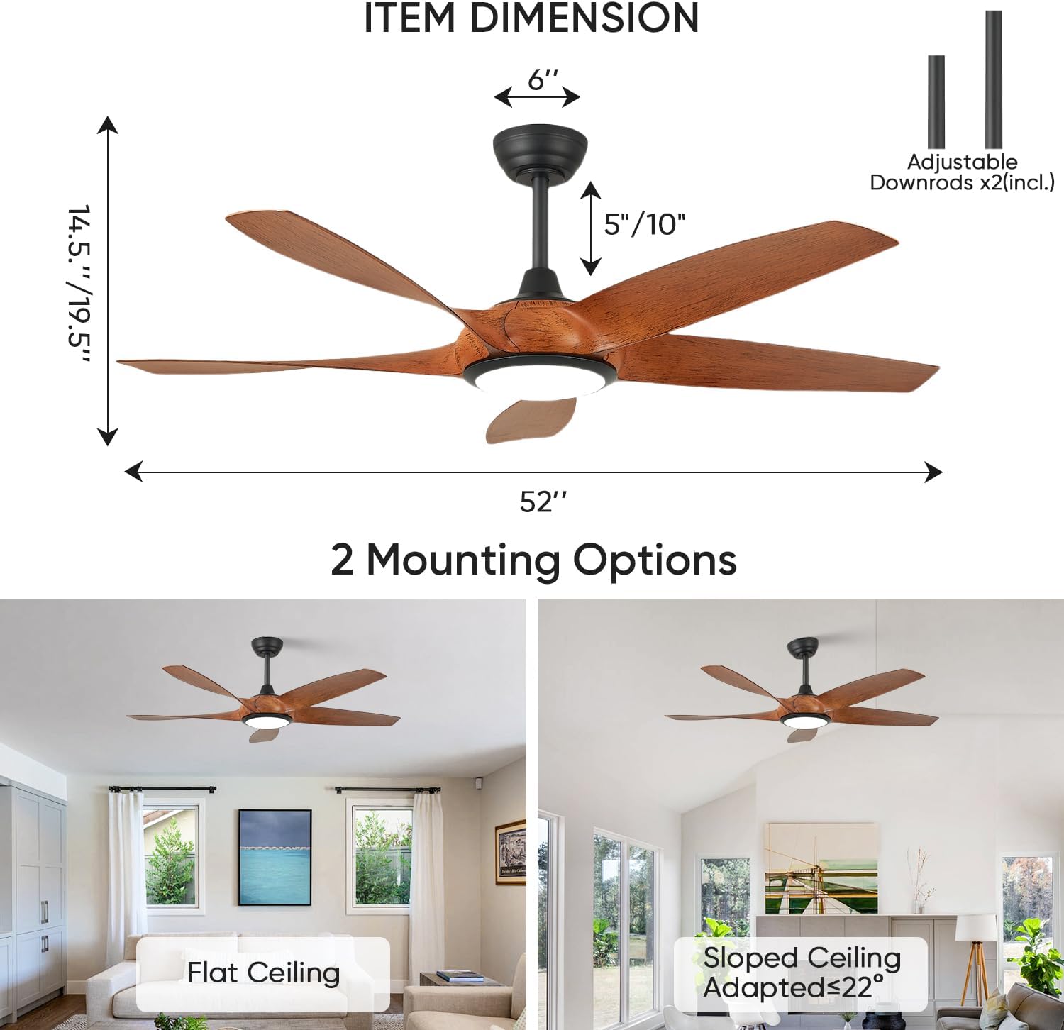 56" 5-Blade Matte Black & Wood Ceiling Fan with Remote - view 8