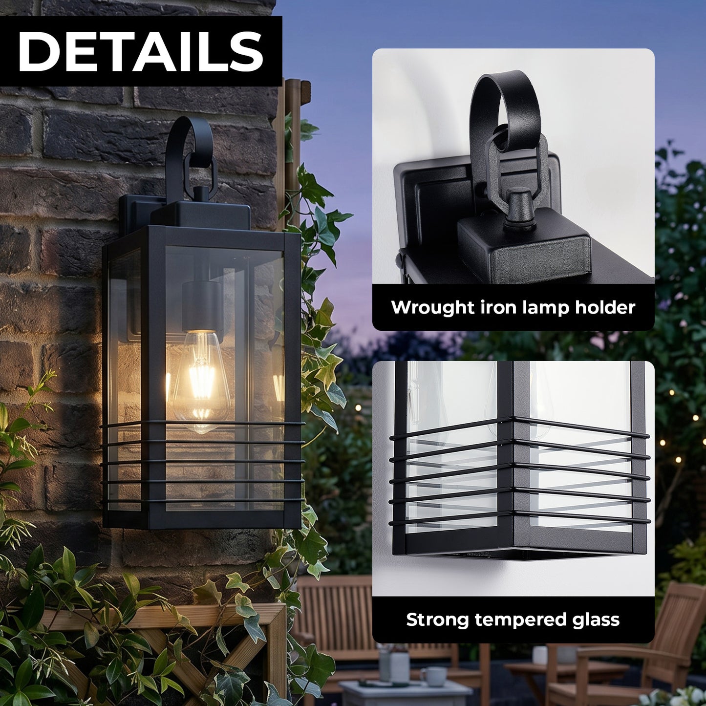 18" Matte Black Outdoor Wall Lantern with Glass Shade - view 4