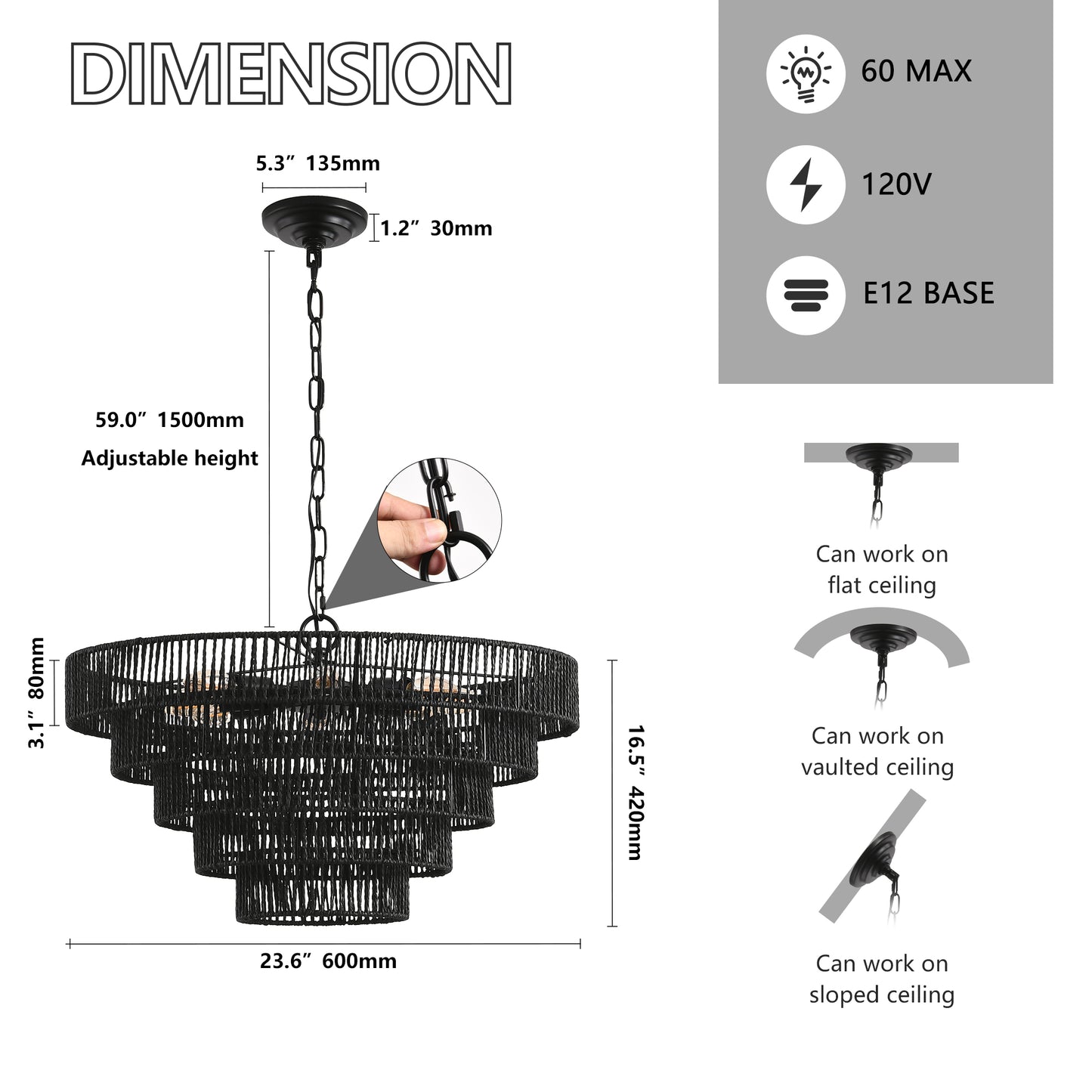 24" 5-Tier Black Hemp Rope Chandelier, 8-Light - view 8
