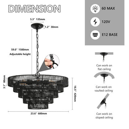 24" 5-Tier Black Hemp Rope Chandelier, 8-Light - view 8