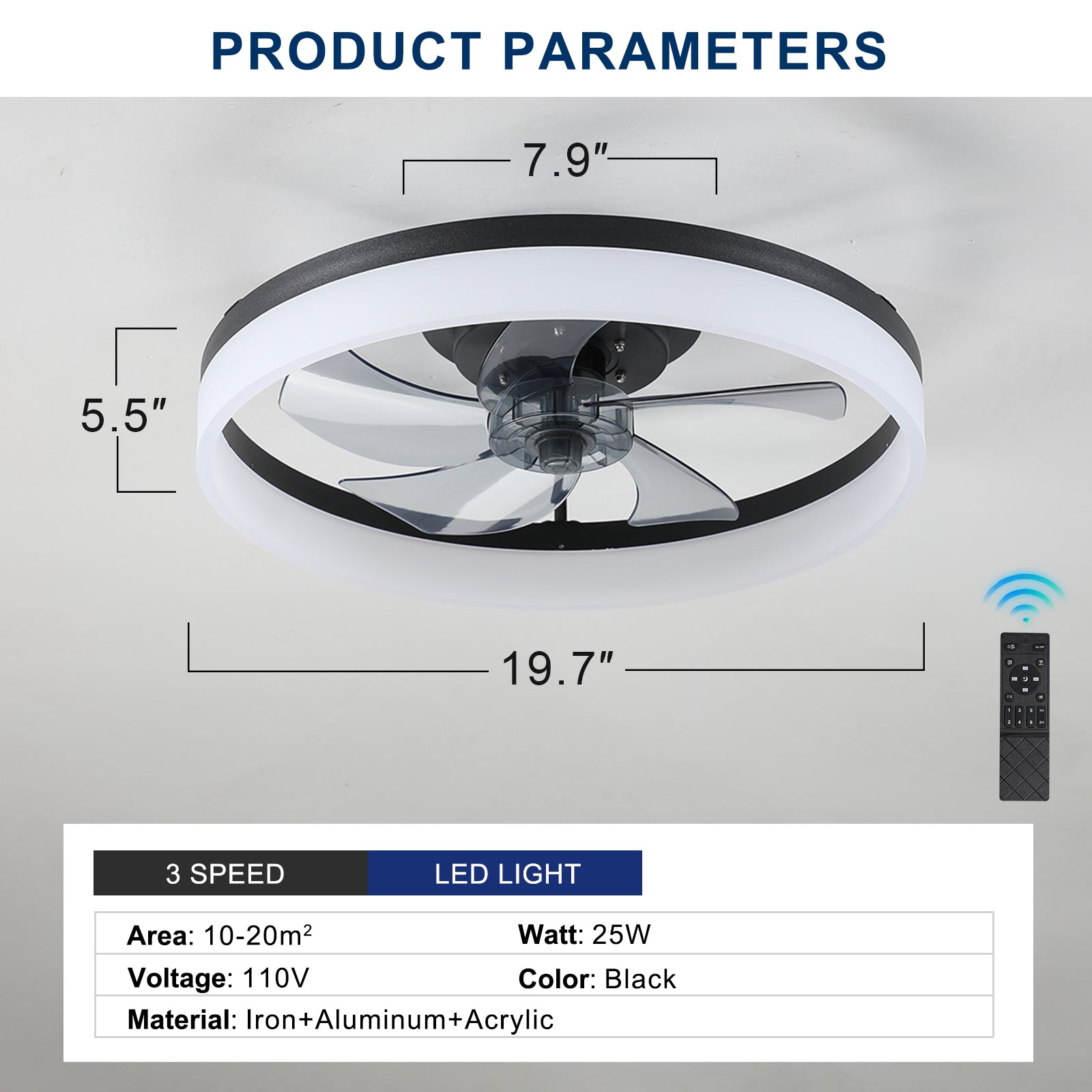 20" Black Low Profile Ceiling Fan with Dimmable LED - view 9