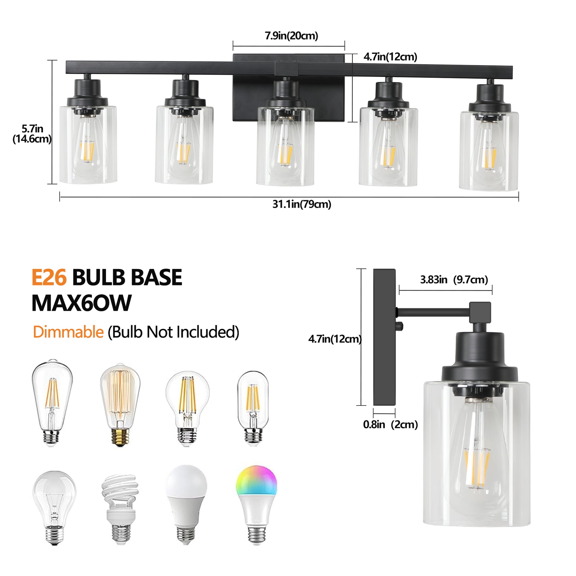 31" 5-Light Black Industrial Vanity Wall Light - view 7